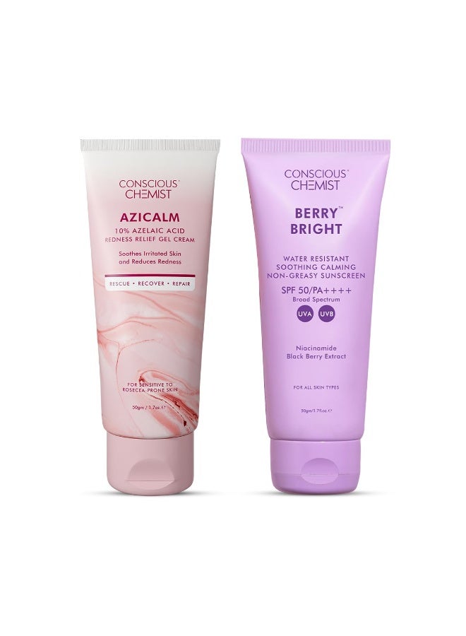 CONSCIOUS CHEMIST كريم واقي الشمس من كونشس كيميست® وكريم حمض الأزيليك | SPF 50 PA++++ | 100 جرام | واقي شمس للبشرة الدهنية مع النياسيناميد والتوت الأسود | كريم وجه بحمض الأزيليك 10% للبشرة المعرضة لحب الشباب، تخفيف الاحمرار والعناية المهدئة | لجميع أنواع البشرة - بيري برايت وأزيكاليم - Image 1